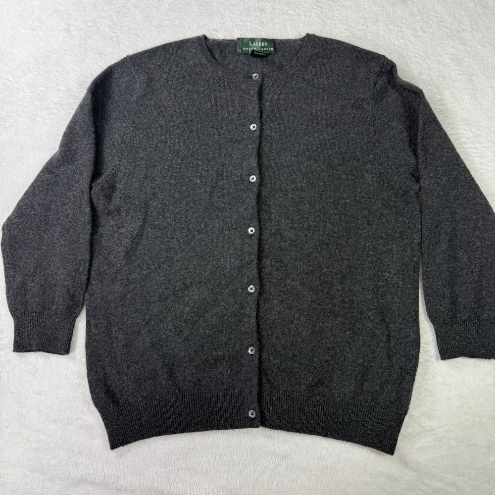 Lauren Ralph Lauren Cardigan Sweater 100% Cashmere Womens M Gray Button Down